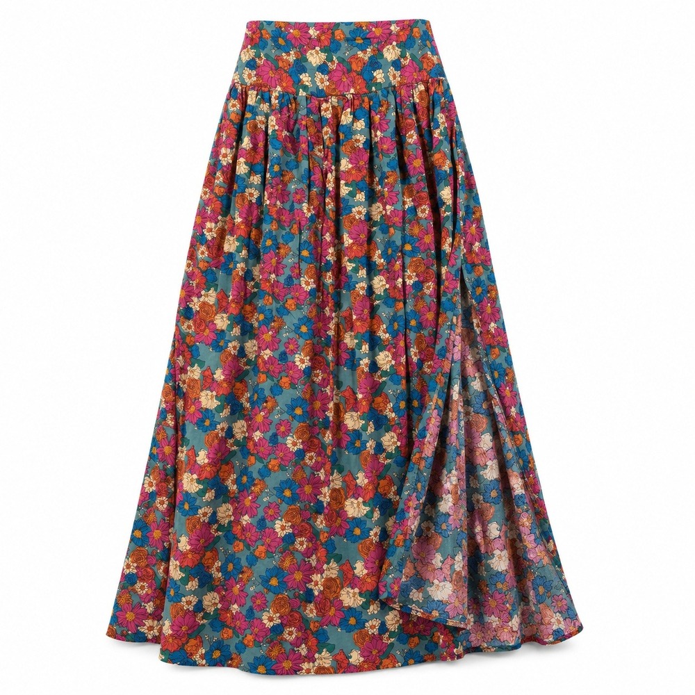 Natural Life Maxi Skirt XS Teal Floral Smocked Waist Slit Boho Hippie Flowy Chic